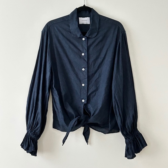 Sleeper 100% Linen Navy Blue Tie Waist Rumba Top - Picture 1 of 16